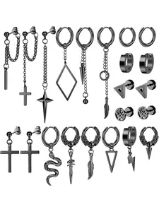Fashionable 22 Pcs Earring Stacking Set Black Cool Dangle Earrings Punk Stainless Steel Hinged Huggie Hoop Earrings for Men Women Punk Long Chain Stud Snake Feather Sword Dangle Kpop Earrings for Men Black and Sliver Tone
