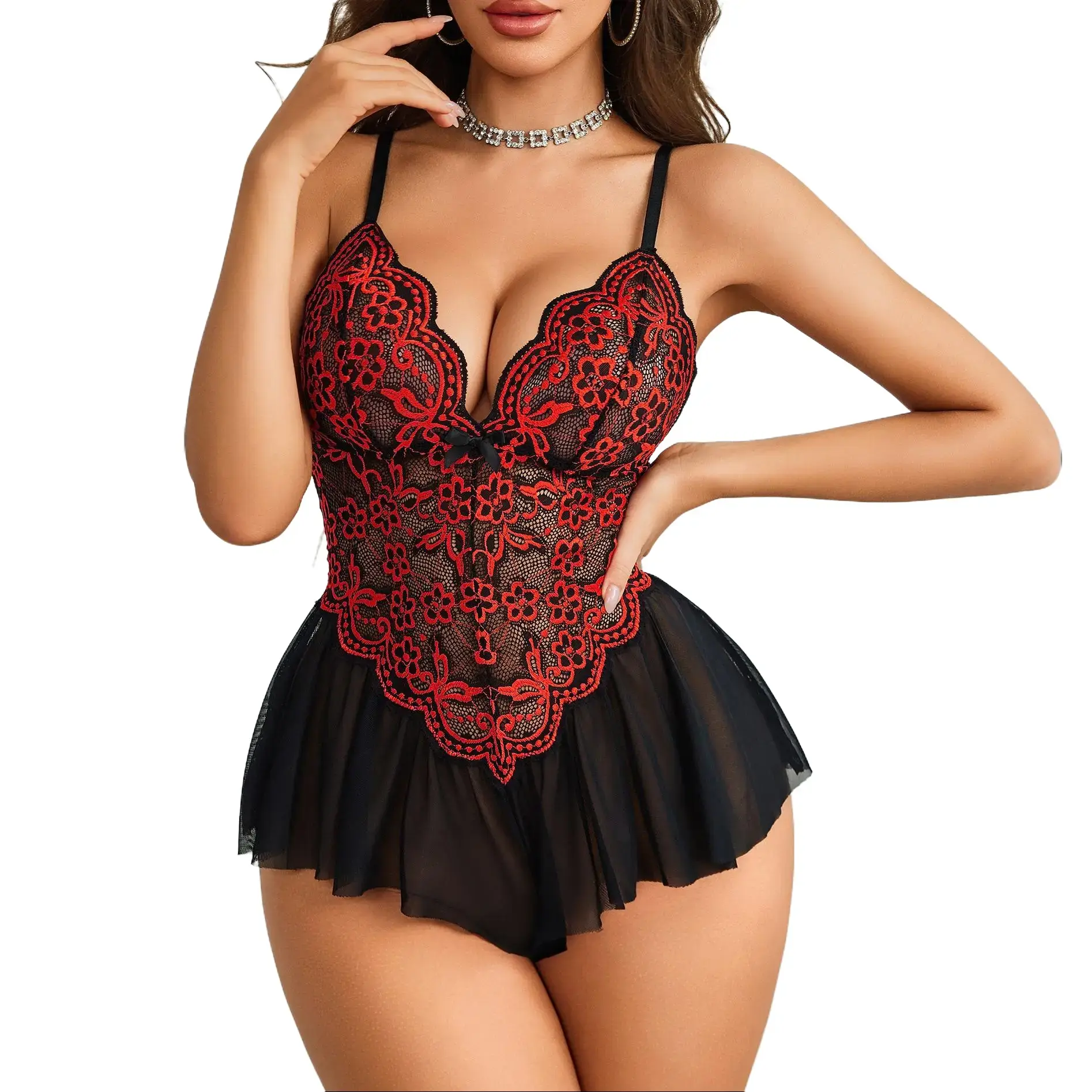 Avidlove Floral Lace Bodysuit for Women - One Piece Mesh Chemise V Neck Sleepwear with Adjustable Straps & Hip Skirt Style - Maternity & Bridal Lingerie