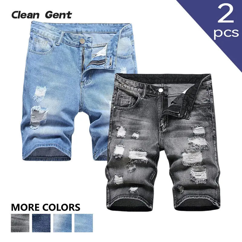 Clean Gent 2-pack: men’s slim-fit non-stretch denim shorts and men’s ripped skinny denim shorts. Classic design, breathable sweat-wicking cotton fabric, versatile for everyday wear, machine washable.