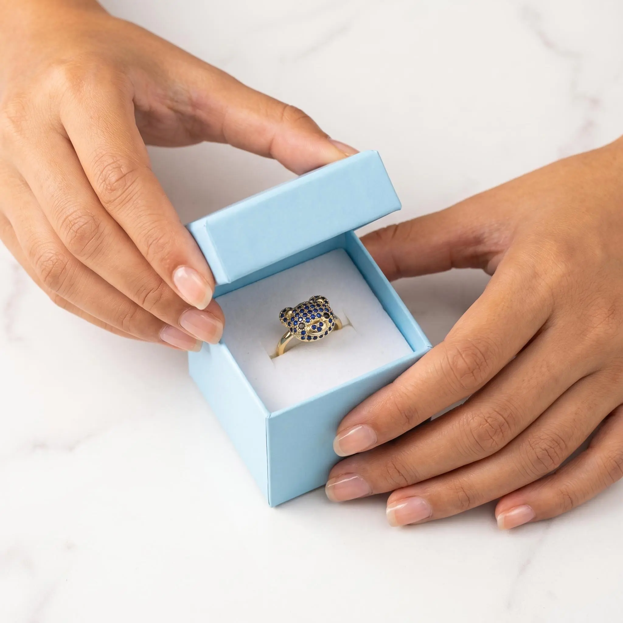 Women's Fashion Bedazzled Sparkle Adjustable Blue Bear Ring - Whimsical Cute Rings, Cartoon Character Pattern Costume Jewelry Statement Piece, Bedazzled Sparkle Rings