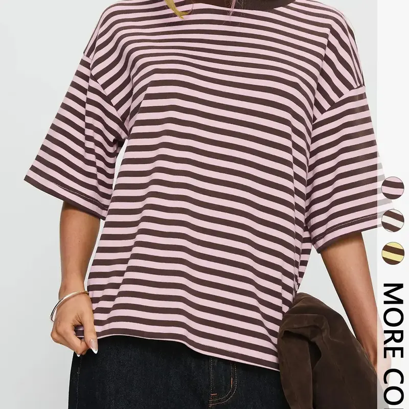 Women's Striped Oversized Summer T-Shirt - Drop Shoulder Relaxed Fit Tee for Office & Casual Outings | Trendy Y2K Aesthetic, Viral TikTok Top-School, Brunch & Everyday Wear