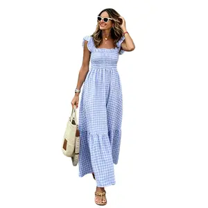 Women's Retro Gingham Smocked Square Neck Spaghetti Strap Flounce Long Dress, Lady's Elegant Casual Wear for Beach Vacation