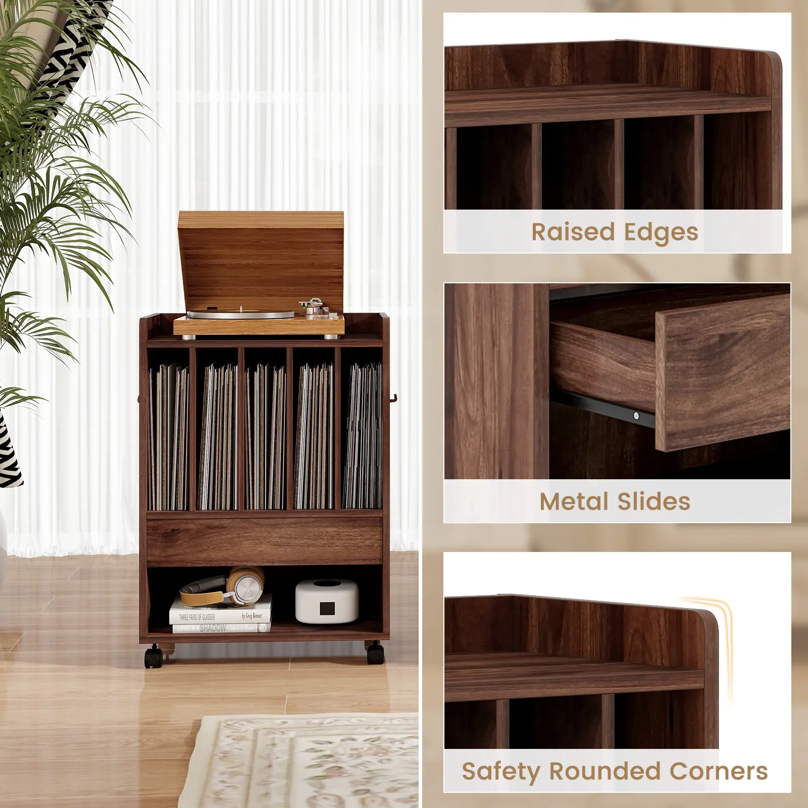 COSTWAY - Record Rolling Turntable Player Stand with Drawer-Brown COSTWAY - Record Rolling Turntable Player Stand with Drawer-Brown