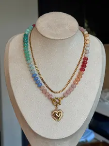 Women's Rainbow Natural Stone Heart Pendant Necklace Set, Stainless Steel Cuban Chain Jewelry Gift for Women