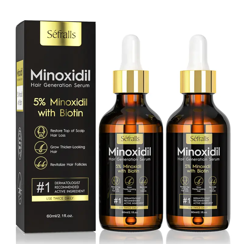 2-Pack 5% Minoxidil Hair Growth Serum for Men and Women, Hair Regrowth Treatment for Stronger, Thicker, and Longer Hair, Natural Facial Hair Grooming and Thickening Solution