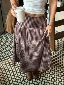 Vintage Academical Style Classic Gingham Loose High Waist A-Line Skirt for Women, Womenswear, Clothes, Bottoms, Casual Midi Skirt, All Seasons, Loose-Fitting, Plaid Skirt