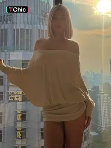 Women's Sheer Ruched Party Dress, Off-The-Shoulder Long Sleeve Fit Women's Mini Dress for Spring & Fall, Womenswear Fashion