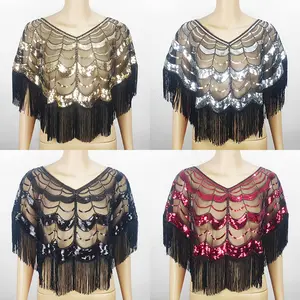 European and American style sequined shawl with tassels mesh and beading sun protection outerwear pullover women's cardigan