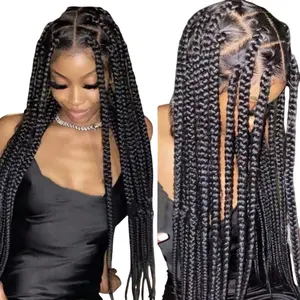 360 Knotless Box Braids Lace Front Wig Hand Tied Full Lace Wig Super Long Full Lace Box Braid Wig With Baby Hairs Synthetic Braided Wigs For Black Women 22 Pieces Big Braids