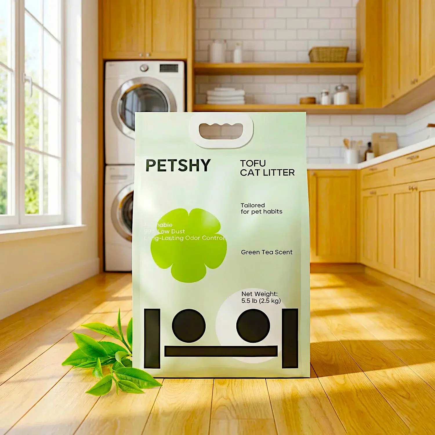 Flushable Green Tea Scent Tofu Cat Litter, 5.5LB Total, Low-Dust, Fast-Absorption, Long-Lasting Odor Control, Firm-Clump Mess-Free Scooping, Low-Tracking, Nature-Based Material, Ideal for Kittens & Multi-Cat Homes, Two Packs