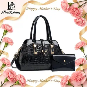 [Mother's Day Gift] Port&Lotus Women's Two-piece Handbag Set, Crocodile Patterned Shiny PU Leather Purses, Crossbody Bag For Women, Purse Shoulder Bag, Everyday Bag, Work Bags For Women, Medium Capacity Shoulder Bags With Matching Wallet