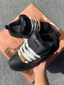 2026 New Black Trendy Thick Bottom Bread Shoes for Men, Large Size Casual Sneakers, Sports Shoes, Trainer, Thick Lace Up, Soft Flat Lightweight Sole, Fashion Couple Shoes, Perfect for Daily Walking & Casual Wear