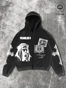 Unisex Hooded Sweatshirt, Zipper Cardigan Jacket, Jesus Faith Graphic Print, Cotton Texture Vintage Fabric, Comfortable Street Casual Style