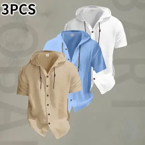 Men’s Summer Hooded T‑Shirt 3‑Pack – Lightweight, Breathable Slim Fit Short‑Sleeve Tops with Adjustable Drawstring Hood Design, Solid Color Casual Street Style Beach Vacation Outdoor Activity T‑Shirts, Premium Fabric