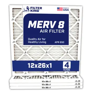Filter King 12x26x1 Air Filter | 4-PACK | Carbon MERV 8 HVAC Pleated A/C Furnace Filters | MADE IN USA | Actual Size: 11.5 x 25.5 x .75"