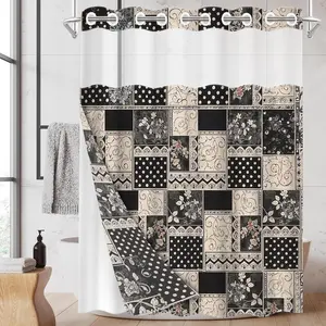 1pc hookless shower curtain with buckle lining, Shower Curtain Liner, Bathroom curtain, black and white floral geometric patchwork design, flat printing, fabric waterproof lining, see-through double-layer shower curtain, 71 x 74 inches, home curtain