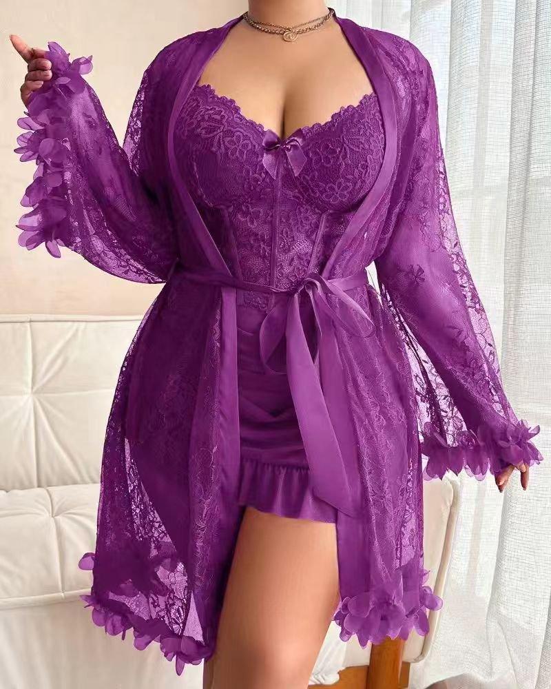 2 pcs Lingerie For Women Womens Lace Bodysuit Sexy Nighty Mesh Sleepwear V Neck Chemise Nightgowns