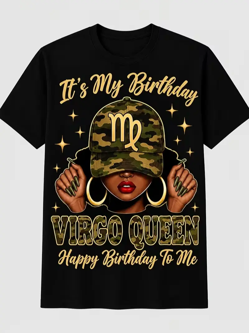 Women's Black Zodiac T-Shirt, Virgo Queen Camouflage Birthday Graphic Tee, Elegant Astrology Design for Birthday Parties, Casual Wear and Zodiac Gifts