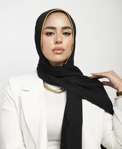Jeresy Tie Back Instant Hijab - Black with Gold Trim for Stylish Wear