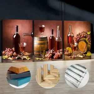 3Pcs Wooden Framed Canvas Painting, Wine Still Life With Grapes And Barrels Images, Exquisite Poster, Home Decoration, Pattern Wall Art Decor, For Living Room, Bedroom, Office, Restaurant, Bar Wall Decor, Waterproof, Odorless, Painting, Print Artwork.