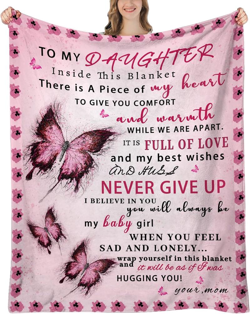 Daughter Blanket from Mama&Papa, Valentine's Day gift for daughter, Daughters Gifts, Gift for Daughters Birthday, Graduation, Christmas, Pink Butterfly Throw Blanket,Daughter's birthday party decorations,Room decoration,Girls' Day