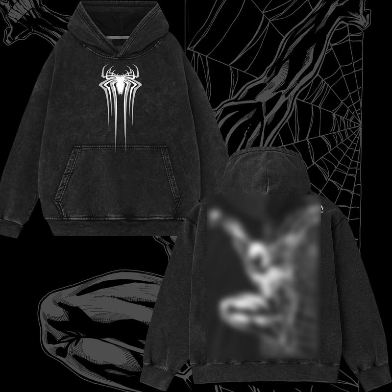 Superstyle Collection Friendly Neighborhood Symbiote Black Suit Spidey Hero MCU Edition Double Printed Oversize Lightweight Acid Washed Tee Hoodie Sweater Series Graphic Design Top Cotton Streetwear Comic Superheroes Hoodie Clothes Menswear Womenswear
