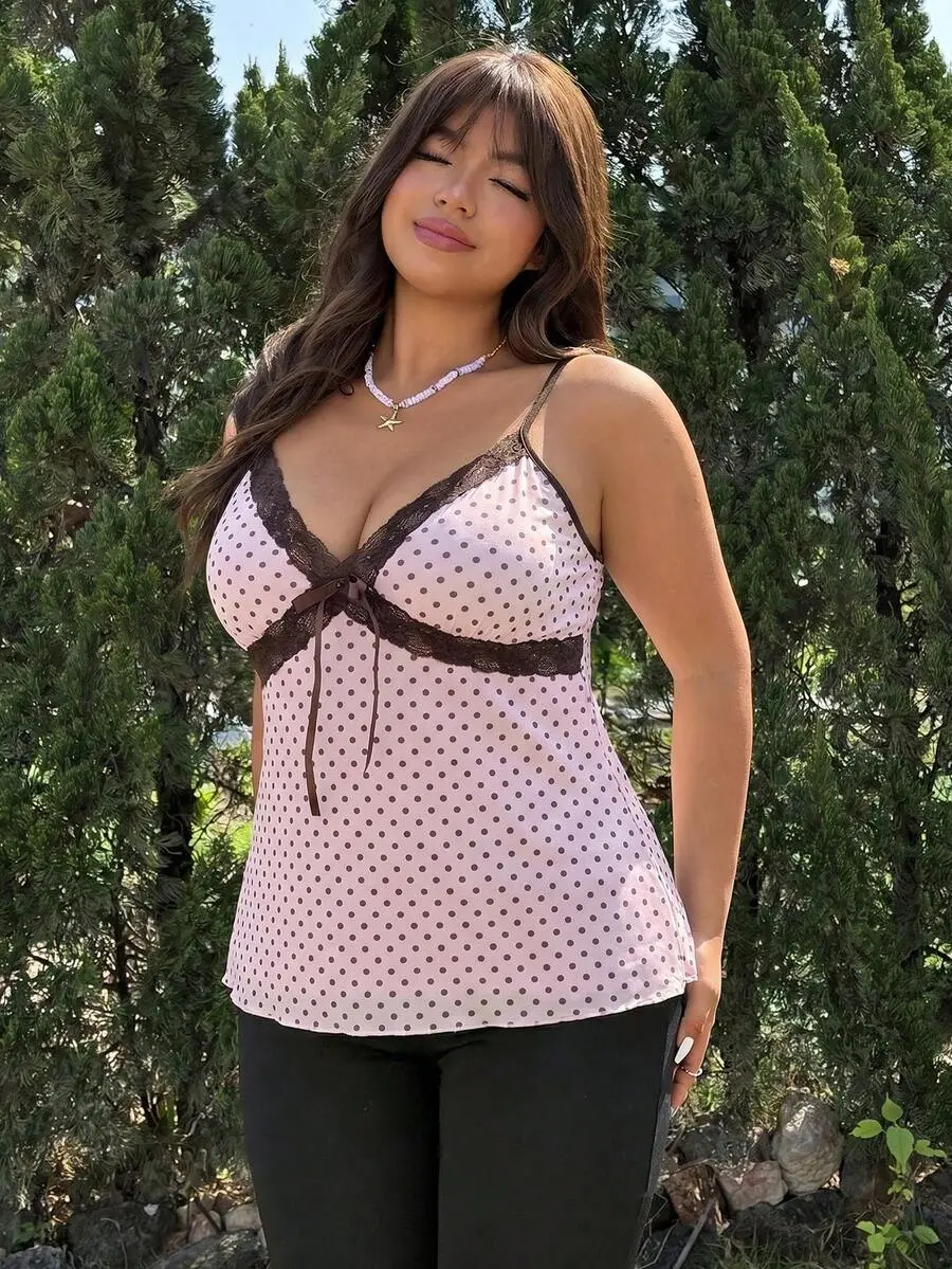 Plus Size Women's Contrast Lace Polka Dot Print Bow Decor Camisole Tank Top - Back to School