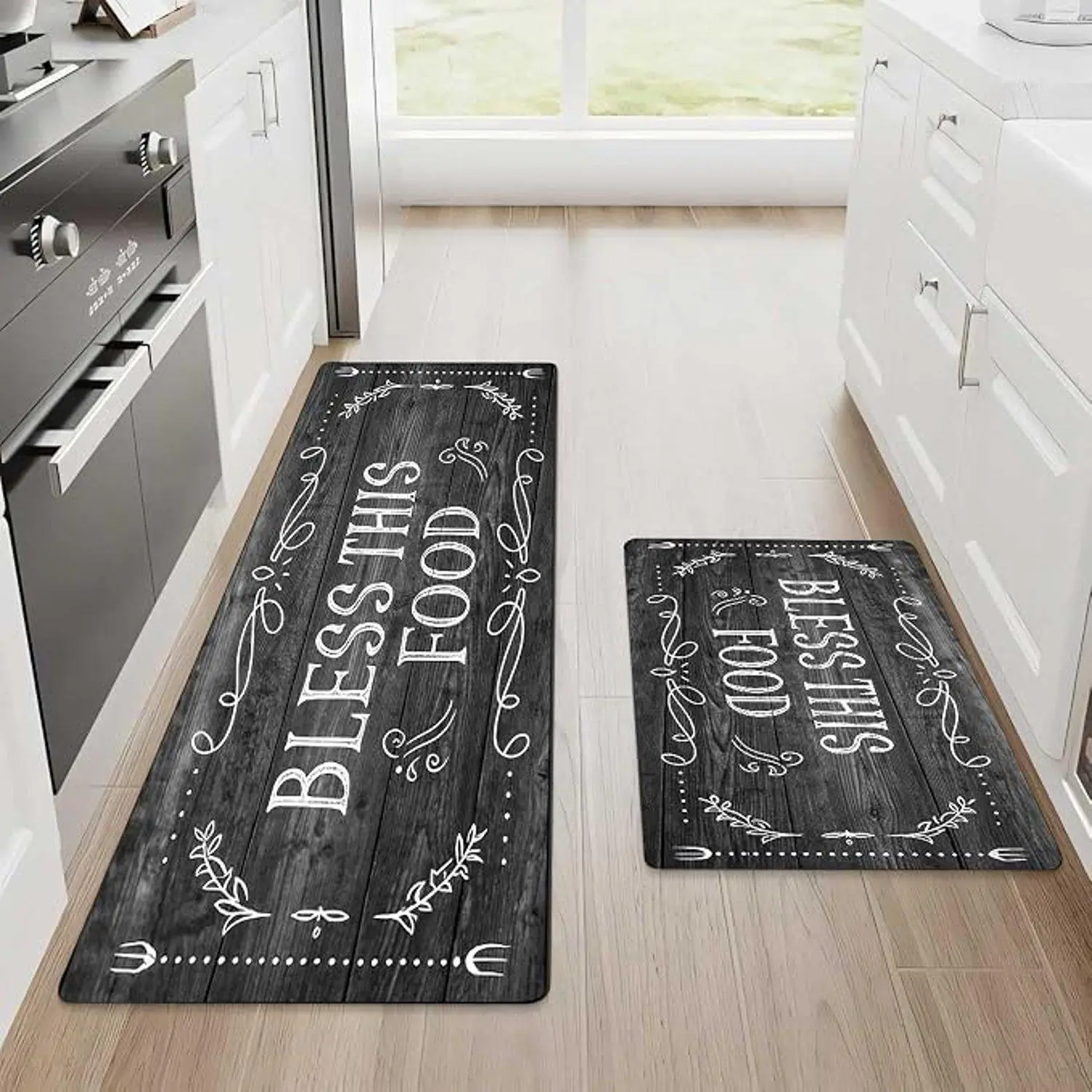 Vintage Black Wood Bless This Food Quote Flannel Non Slip Indoor Kitchen Rug