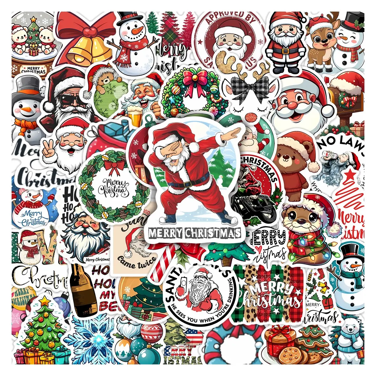 50pcs Christmas Festive Stickers Pack, Waterproof Cozy Holiday Santa & Snowman Icon Decals for Laptop, Water Bottle, Journal & Scrapbook, Christmas & Winter Holiday Lover Gift