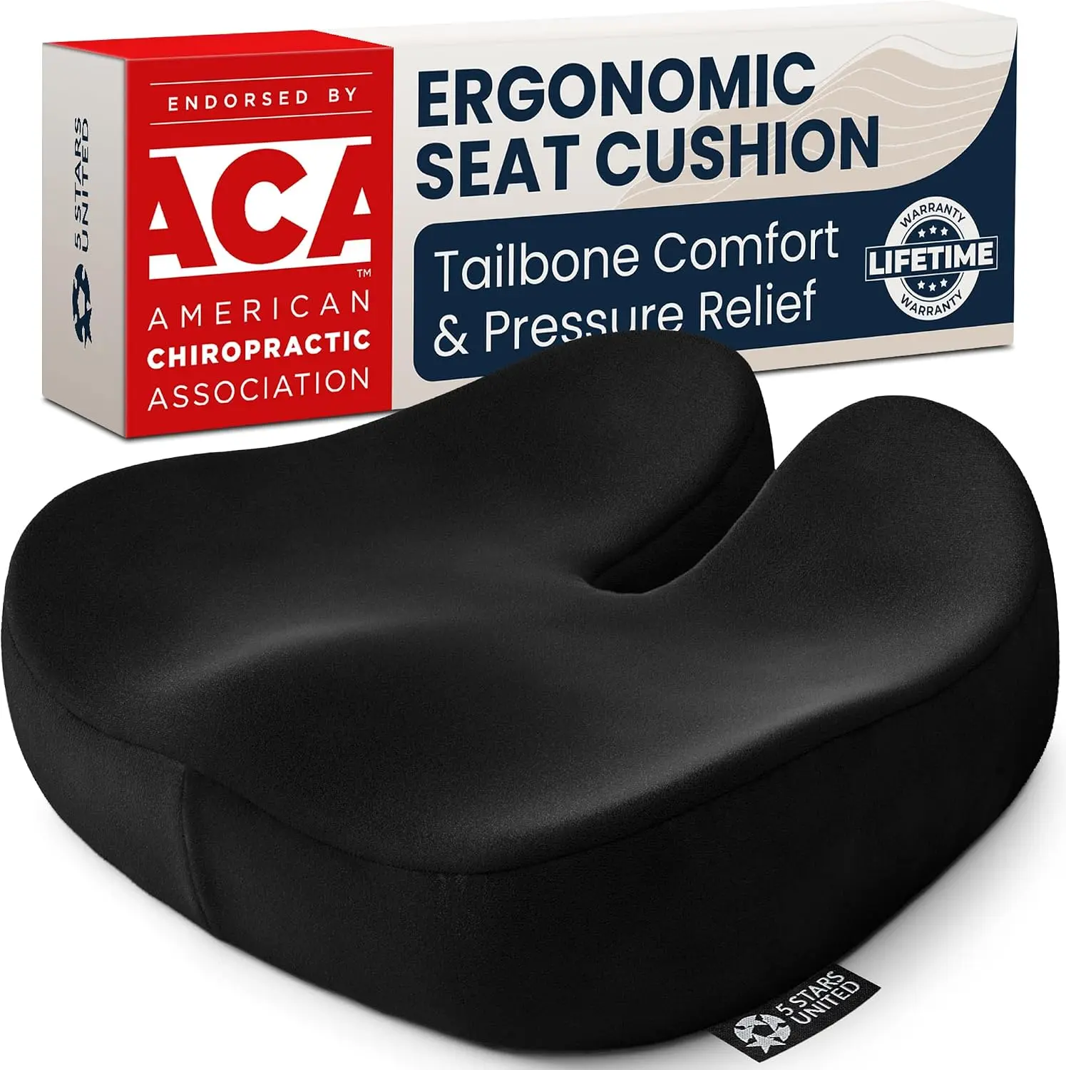 5 STARS UNITED Seat Cushion - Memory Foam Chair Pad for Tailbone Pain Relief - Ergonomic Support for Coccyx, Sciatica & Butt - Office, Desk & Gaming Chair, Car Seat, Wheelchair, Black Suede