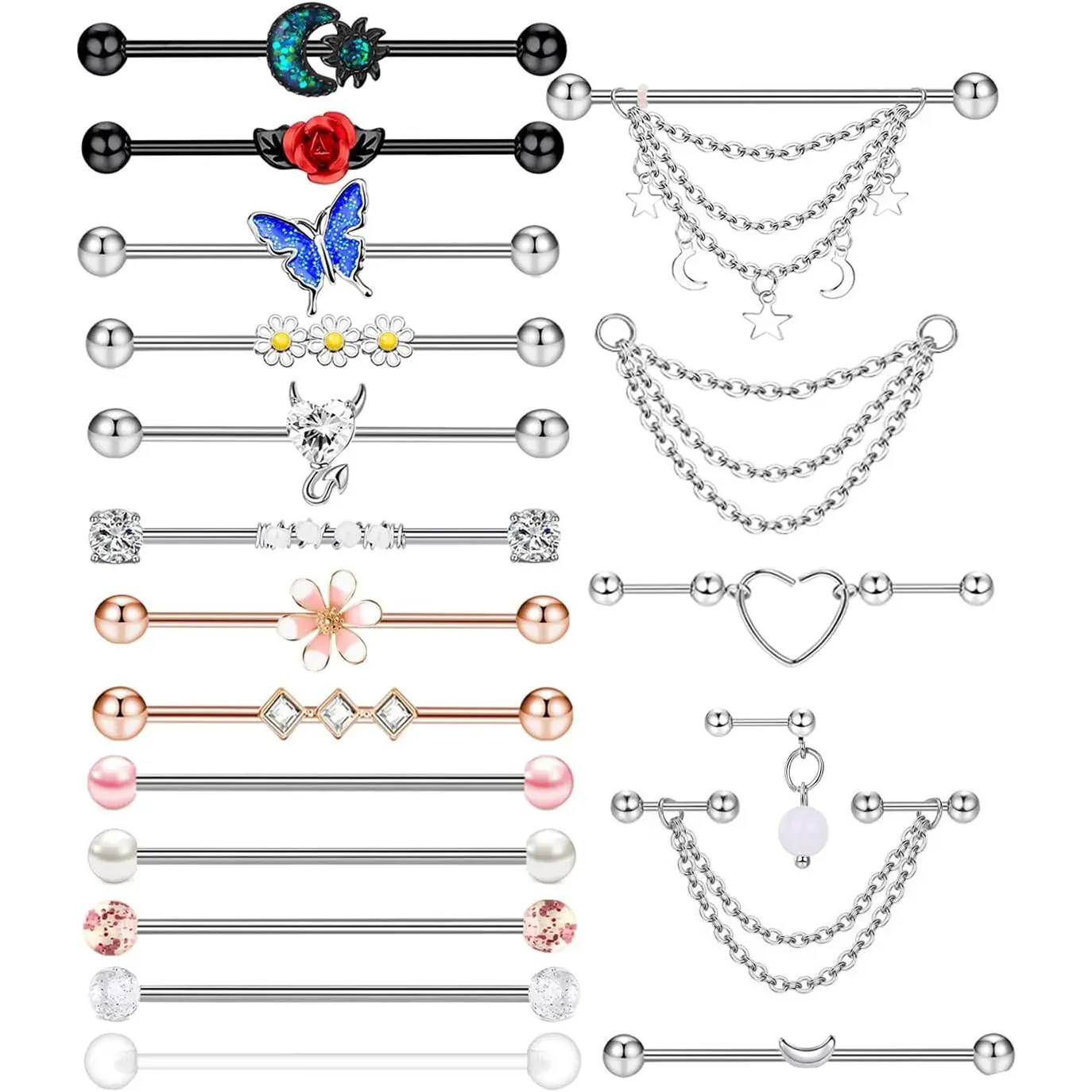 14G Industrial Piercing Jewelry For Women Men Stainless Steel 38 Industrial Barbell Long Cartilage Helix Conch Earrings Stud 14G Gauges Industrial Jewelry Butterfly Heart Cool 7-18pcs