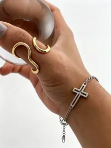 2 Pcs Asymmetrical Wave Stainless Steel Adjustable Ring Set, Cross Chain Bracelet, Perfect Gift for Mom & Friends