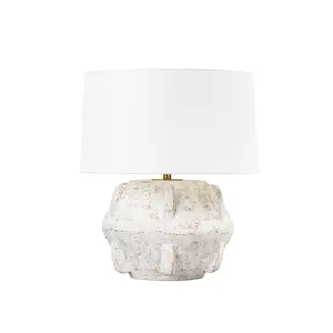 Vanda Table Lamp in Whitewash Ceramic Finish with Wide White Linen Drum Shade for Earthy Style