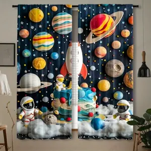2-Piece Fun Space Theme Digital Print Polyester Curtains, Dreamy Half-Blind Decorative Drapes for Kids' Room, Bedroom, Office, Kitchen, Living Room, Window Curtain