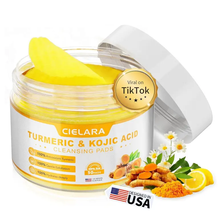 Turmeric Kojic Acid Cleansing Pads for Dark Spots, Lemon Turmeric Pads with Vitamin C & E, Deep Clean Pores, Hydrate & Plump Skin Exfoliating with Kojic Acid 50 Count