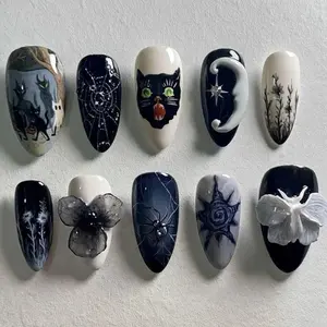 S210 Midnight Witch Press-On Nails, 3D Black Cat, Spider & Butterfly Art, Moon & Gothic Floral Accents, Dark Mysterious Tones, Handmade Halloween Nail Set, Solana Nails Town