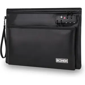 Large Black Fireproof Document Money Bag with Lock and Zipper, Fire Safe Bank Bag for Cash Notary Supplies