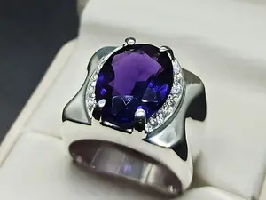 Oval Cut 14 Carat Deep Purple Lab Amethyst Sterling Silver 925 Handmade Men's Plain Ring