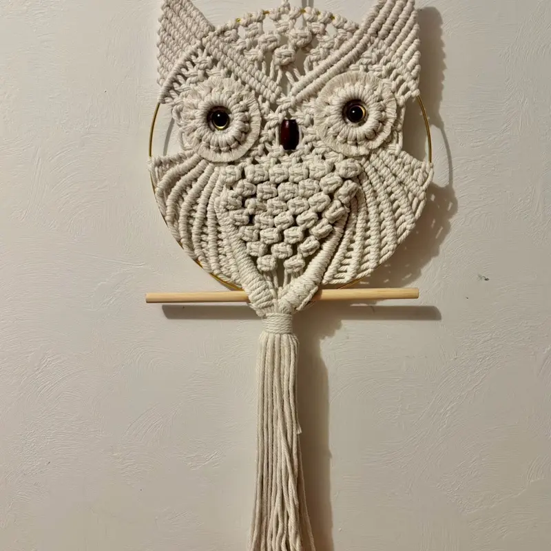 Large Owl Macramé Wall Hanging, Rustic Wood-Accent Cotton Decor, Hangable Home Decor Piece for Living Room Bedroom