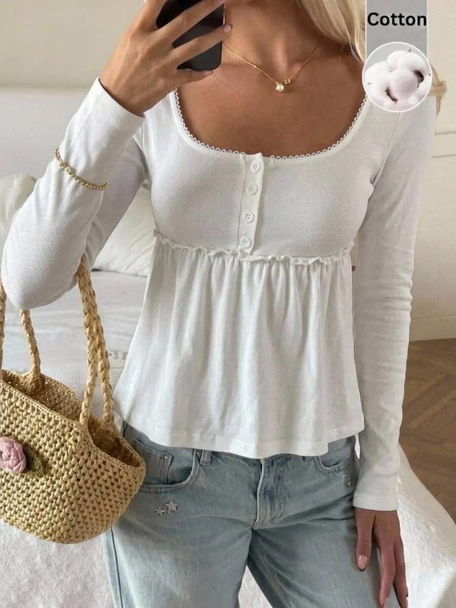 95 Cotton Women's White Floral Front Button Long Sleeve Casual Cute Ruffle Hem Shirt Autumn/Winter Style Christmas New Year Thanksgiving Party Wedding- back to school outfit- back to school outfit