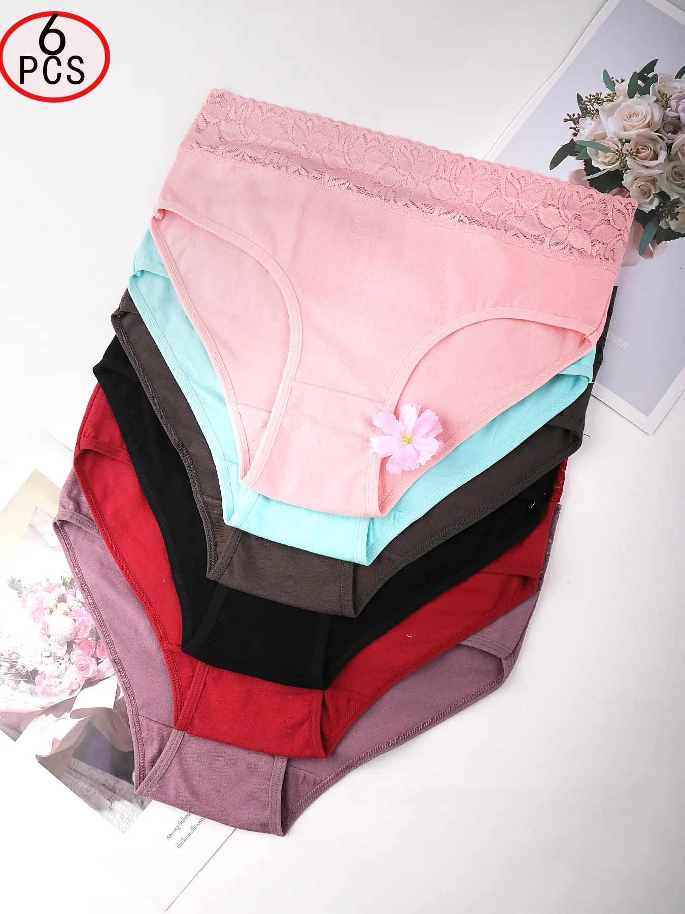 6-Pack Women's Underwear Set, Soft Comfortable Lace Waist Panties, Fitted Plain Design, Ideal for All-Day Wear, Summer Essentials