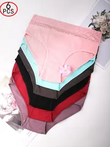 6-Pack Women's Underwear Set, Soft Comfortable Lace Waist Panties, Fitted Plain Design, Ideal for All-Day Wear, Summer Essentials