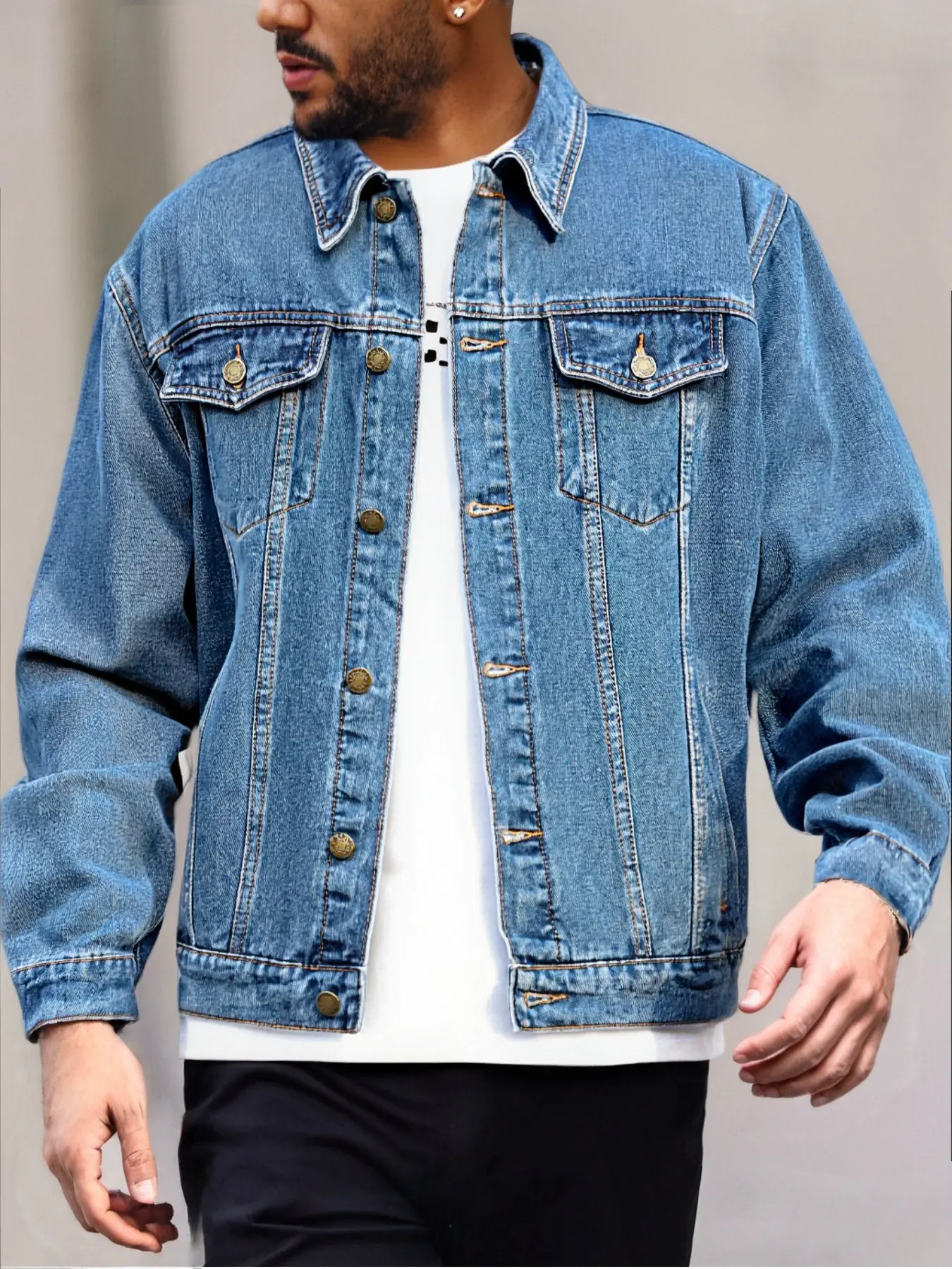 Men's Fashion Classic Casual Lapel Single Button Long Sleeve Denim Jean Jacket, Trendy American Street Style Coats Outerwear, Menswear, Perfect Gift for Boyfriend