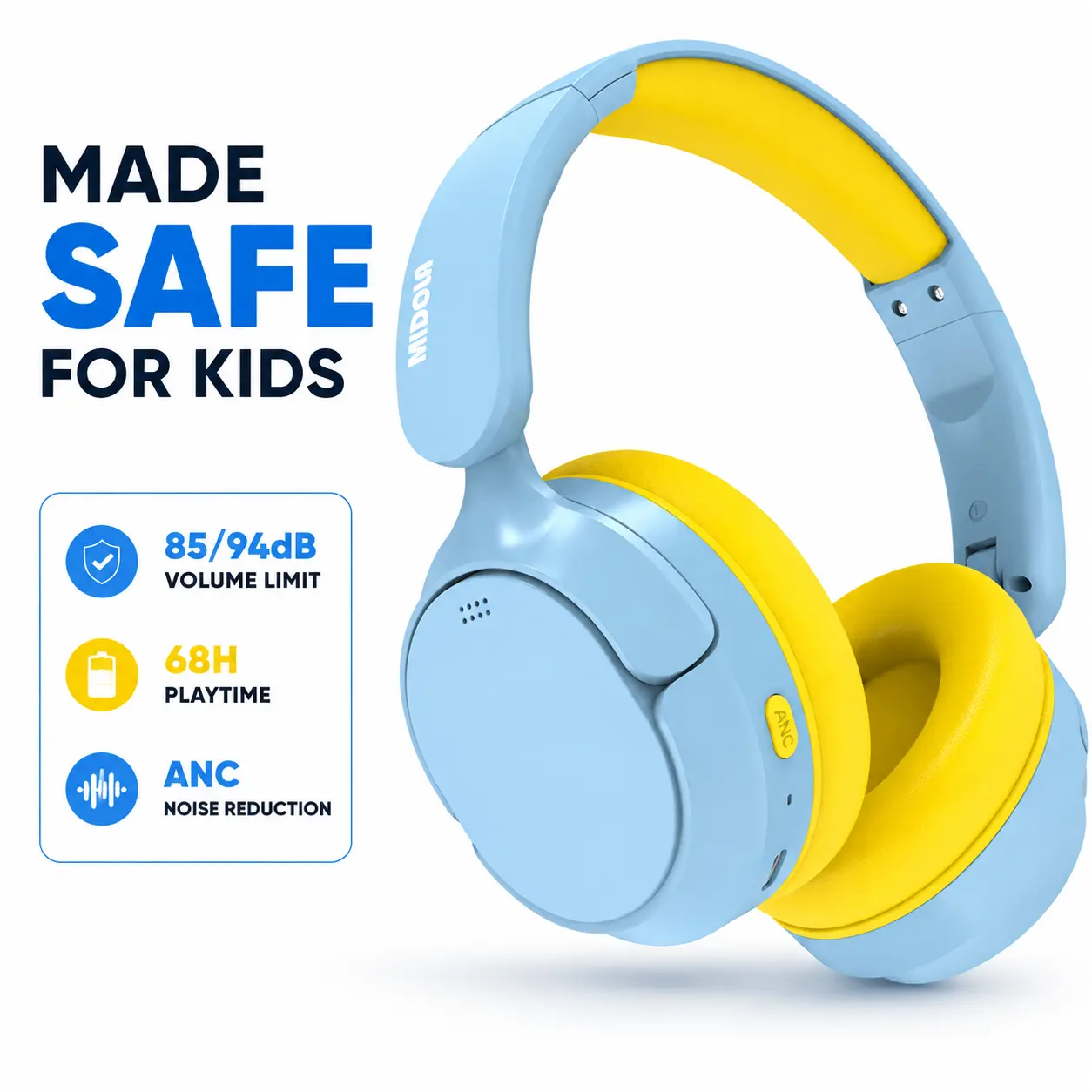 Kids Over-Ear Wireless Bluetooth Noise Cancelling Headphones, 85/94dB Volume Limiter, 68H Playtime, Safe Headset for School & Travel
