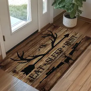 Rustic "Eat Sleep Hunt" Design Door Mat – Washable, Non-Slip Polyester Mat with Deer Antler Silhouettes & Rifle Graphics – Perfect for Home Decor in Bathroom, Living Room, Bedroom, Kitchen, and Office, Entryway Decoration