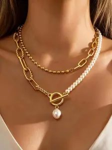 Layered Pearl Chain Necklace for Women, 14K Gold Plated Pearl Link Toggle Clasp Necklace, Dainty Trendy Layered Choker Chunky Jewelry Fashion Gift for Women