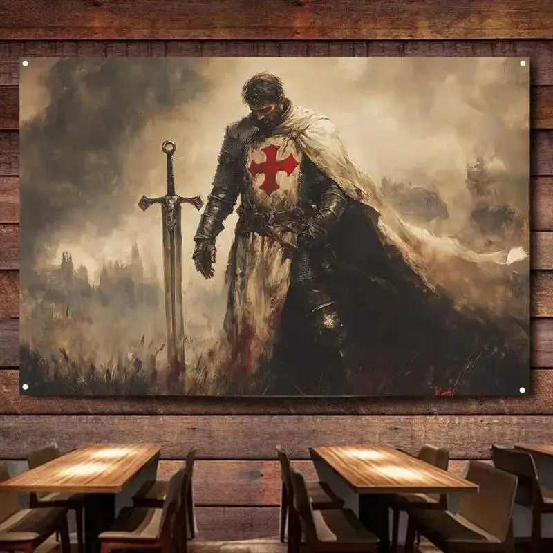 1pc Crusaders Knights Templar Tapestry Flag Wall Decor - Medieval Theme Home Design, 3x5, Grommets, Fabric, Templar Knight with Sword and Cross, Ideal for Man Cave or Bar, Bar Wall Art |       Medieval Theme Decor |       Detailed Fabric Art, Medieval Hom