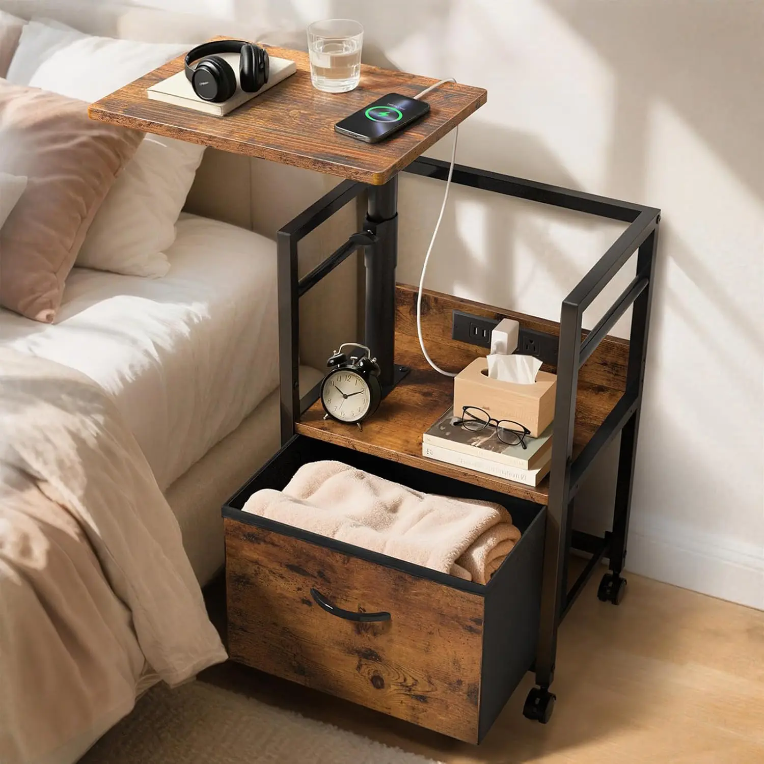 Rotating lifting bedside table with charging station, movable side table, bedside table with wheels and fabric drawers, suitable for small spaces, bedroom and living room, brown