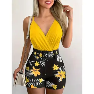 Elegant Women's V-Neck Sleeveless Top & Floral Print Shorts Set with Belt - Polyester Blend, Machine Washable, for Spring/Summer Fit Clothes Pants Bottom