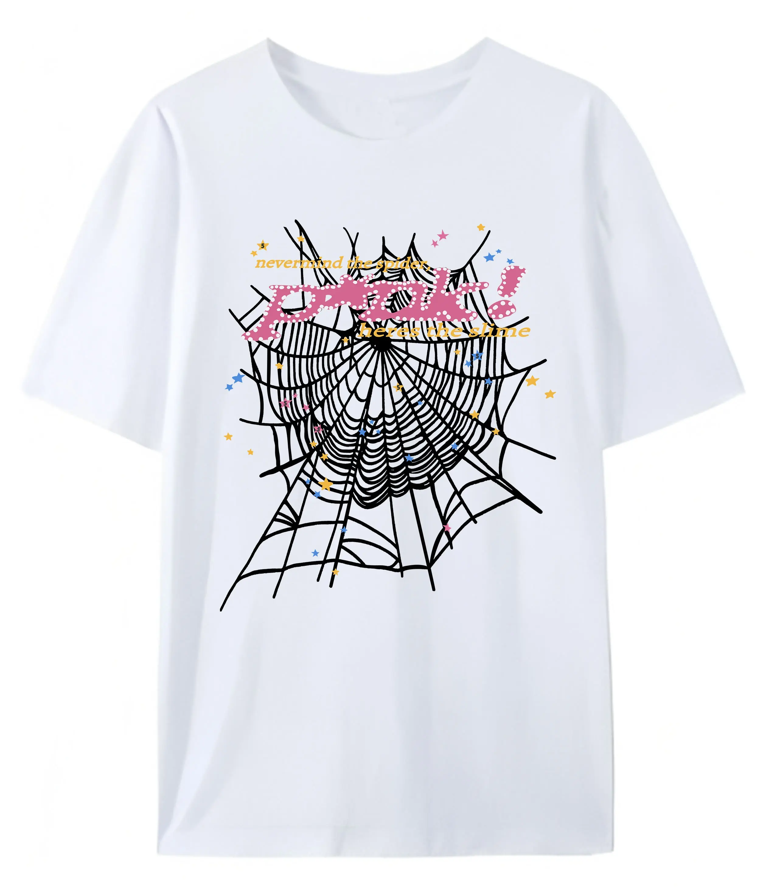 Nevermind the Spider unisex youth street spider letter web printed T-shirt unisex loose cotton short sleeved top for man and woman Casual